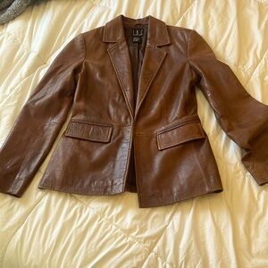 INC brand, brown leather collar, pocketed jacket, size 2